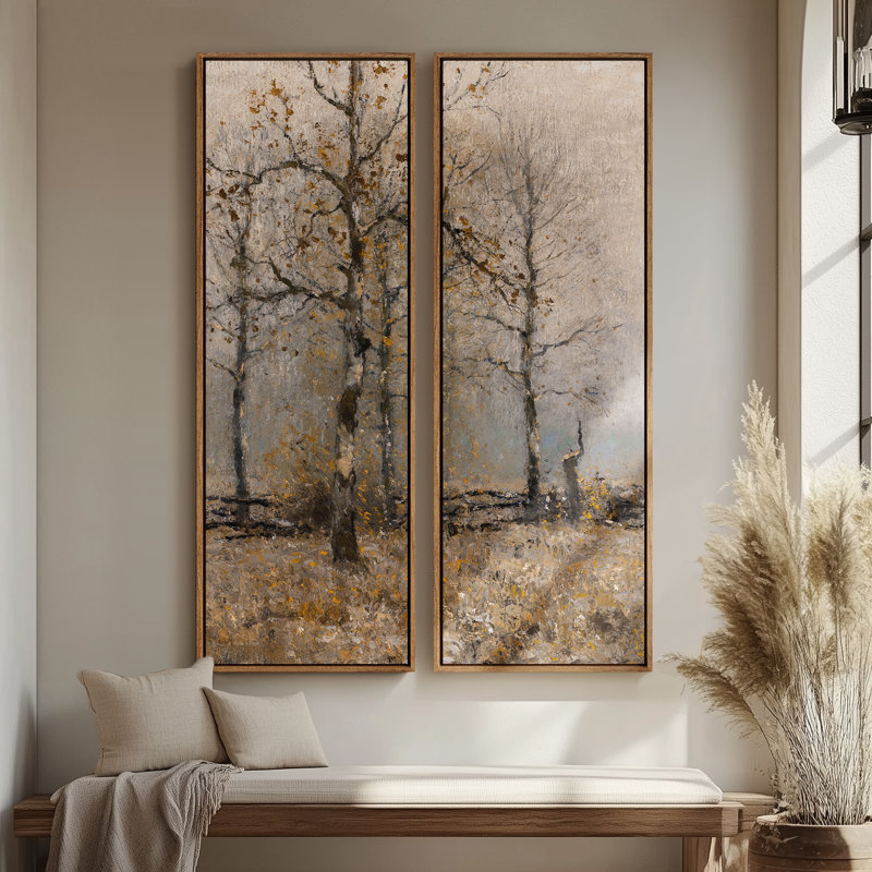 Ensemble de 2 toiles encadrées 20 x 60 pouces Vintage Floral and Landscape, Naturel