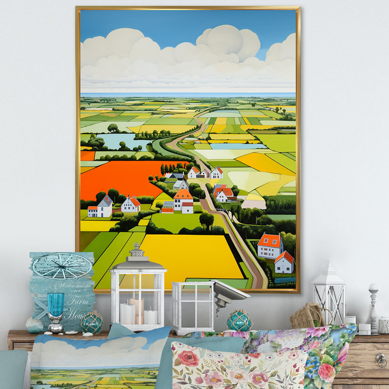 Paysage de ferme sur toile, "De Stijl", Cadre flottant doré, H 44 po x l 34 po x P 1,5 po