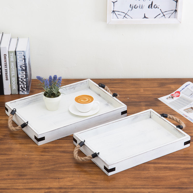 Wood 2 Piece Serving Tray Set, White
