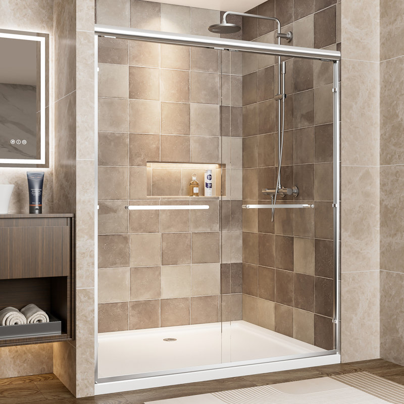 72" Tall 60" Wide Double Sliding Shower Door, 1/4"  6Mm  Clear Tempered Glass, Matte Black Aluminum Frame, Stainless Steel Handles, Width Can Be 56" - 60", Waterproof Function For Room, Scatter Film,