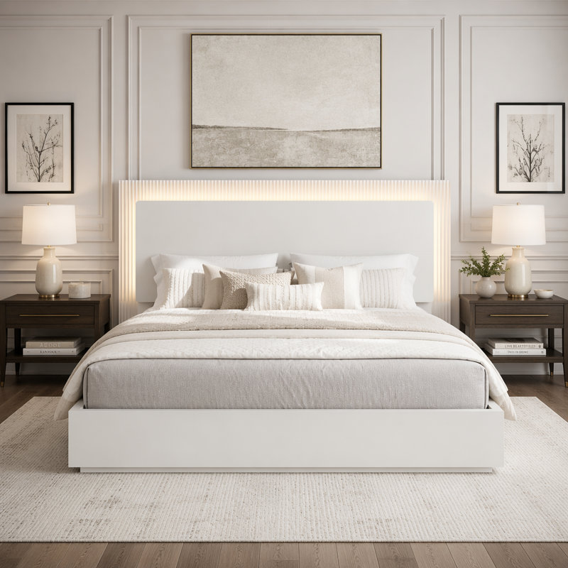 Base de lit plateforme avec tête de lit et lumière DEL, Blanc