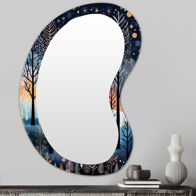Pasadena Full Moon Over Christmas Winter Woods - Forest Irregular Shape Large Wall Mirror, Traditional Asymmetrical Unique Mirror, Printed Metal Art