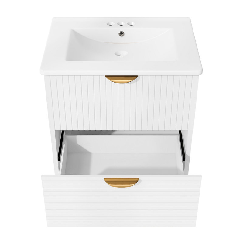 Meuble-lavabo mural moderne à 2 tiroirs, Blanc