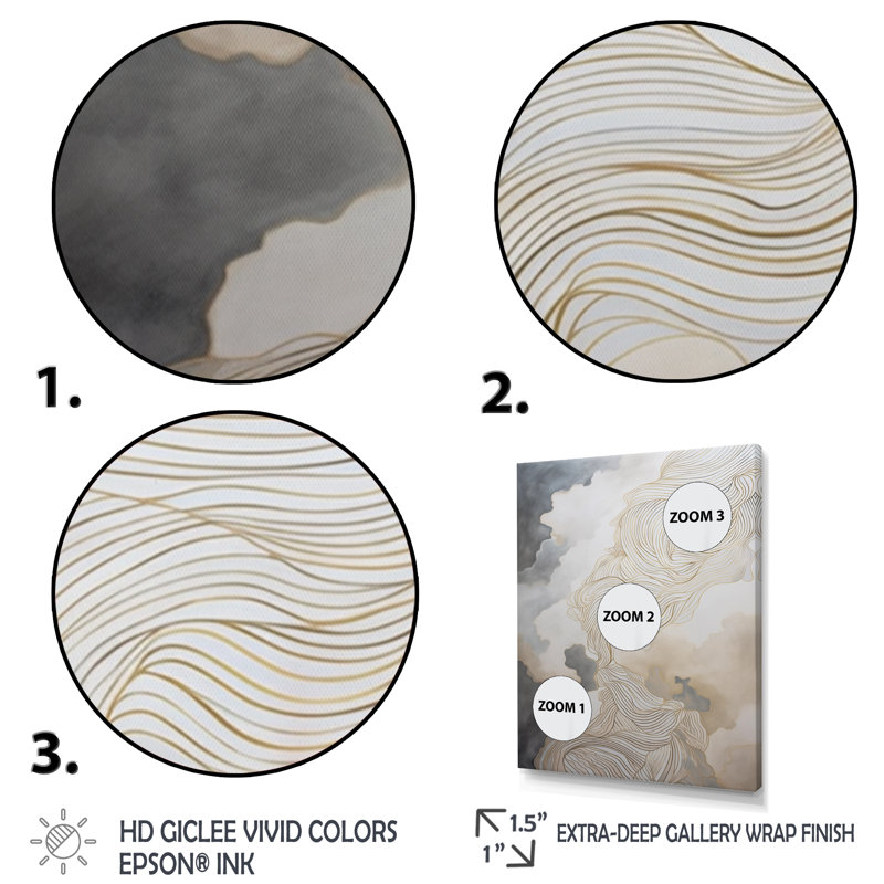 «Gold and Gray Abstracted Line Artistry IV», reproduction sur toile, H 44 po x l 34 po x P 1,5 po, Cadre photo noir