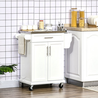 Îlot de cuisine sur roulettes, chariot de cuisine roulant avec comptoir en acier inoxydable, tiroir, porte-serviettes et porte-épices, chariot de rangement utilitaire
