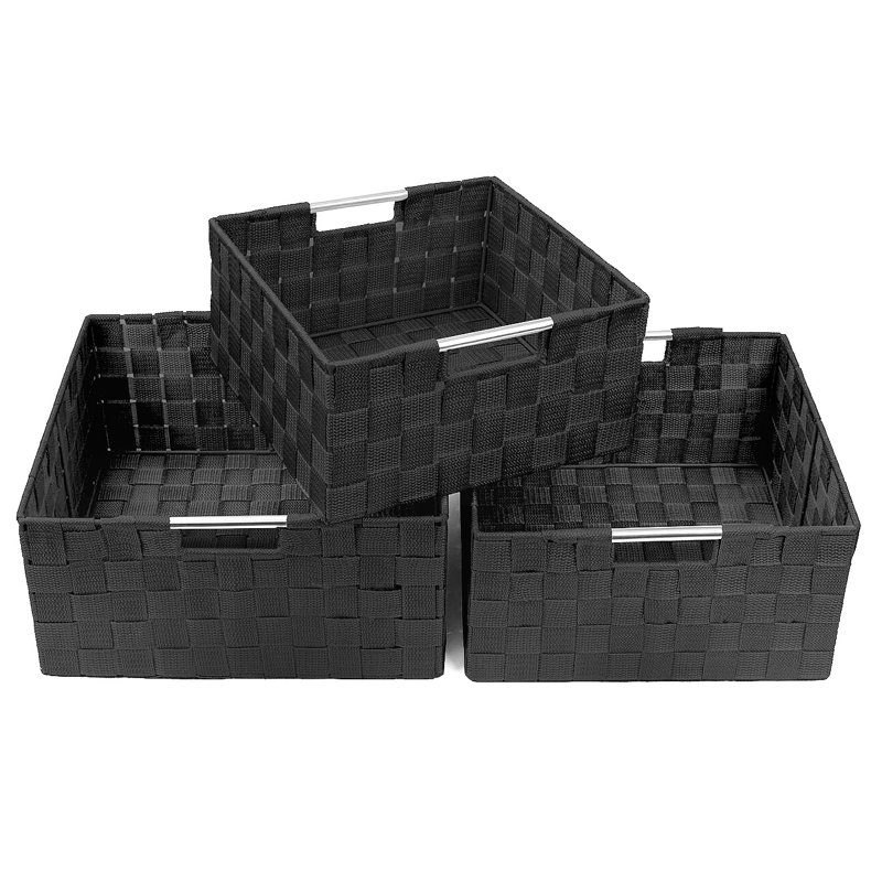 Panier empilable en osier tissé avec poignées, paquet de 3, Noir