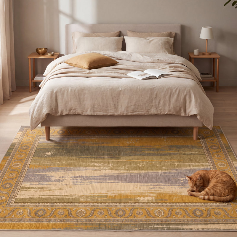Tapis Meadow2 moderne à l'aspect vieilli, motif aquarelle abstrait or, vert et gris, lavable à la machine, antidérapant, à poils courts, pour l'intérieur et l'extérieur, adapté aux animaux domestiques, idéal pour le salon, la chambre, la salle à manger, l'entrée, le couloir ou le bureau.
