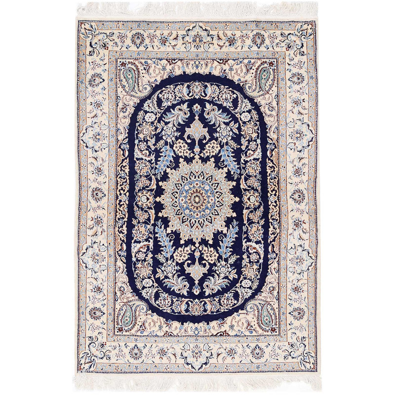 Navy Color Hand knotted Persian silk & wool Nain 3'4"X 4'11"