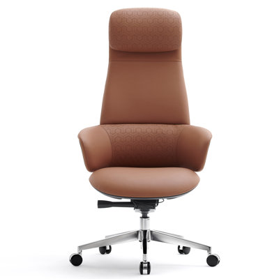 Genuine Leather Luxury Office Chair With High Back Aluminum Swivel Base Ergonomic Synchro-Tilt Reclining Mechanism Real Leather Executive Chair Comfy -Brown