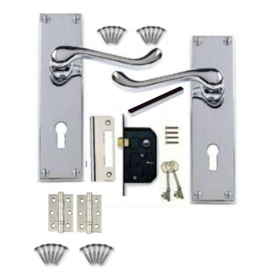 Golden Grace Victorian Design Scroll Door Handles in Polished Chrome Finish with 3 Lever Lock & 1 Pair of 3" Ball Bearing Hinges - 150mm x 40mm