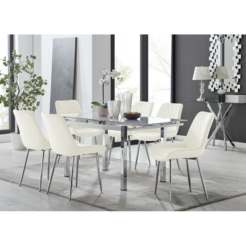 Tierra Modern Glass & Metal Extendable Dining Table Set & 4 Luxury Upholstered Velvet Dining Chairs