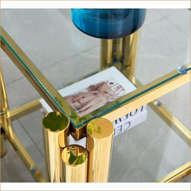 Table basse en verre trempé à double couche dorée, structure irrégulière en acier inoxydable, facile à nettoyer et peu encombrante pour le salon