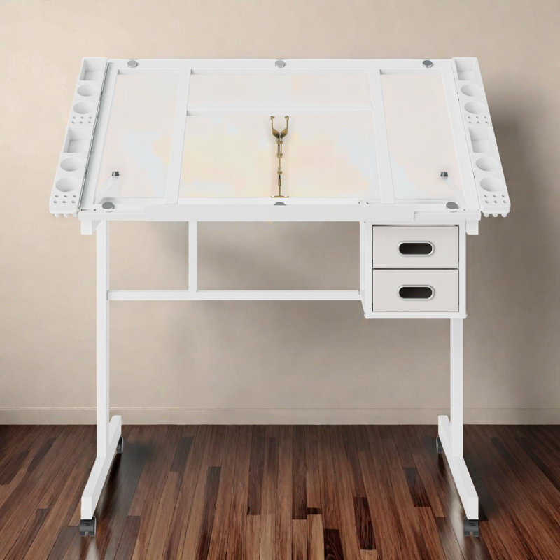 Bureau de dessin d'art réglable avec tiroirs en tissu et roulettes pour le bricolage et le dessin, Blanc