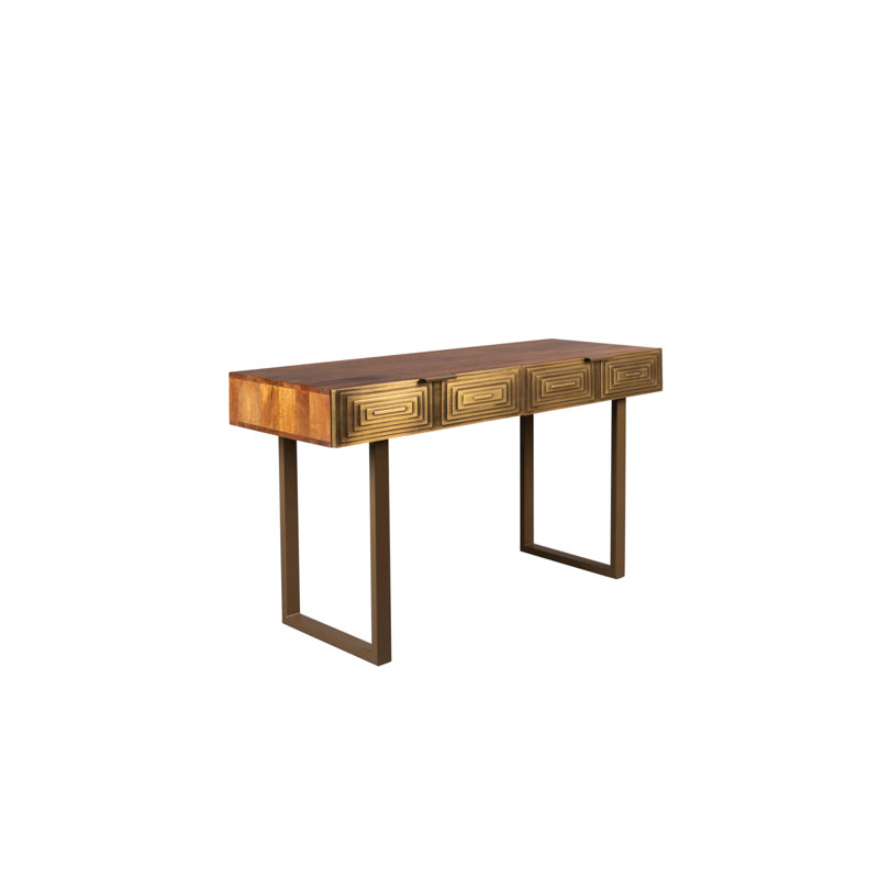 Antique Brass and Brown Hand-Hammered Metal Console Table with Storage