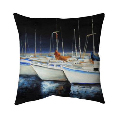 Fishing Boats at the Marina - Black Scenic – Outdoor Throw Pillow with Insert, Weather-Resistant
