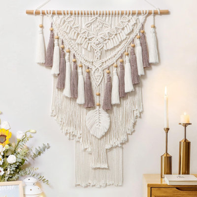 Macrame Wall Hanging Large Boho Woven Wall Tapestry Handmade Beige & Dusty Rose Bohemian Tapestry Wall Art Decor for Bedroom Living Room Nursery Backdrop 37" W X 27.6" L