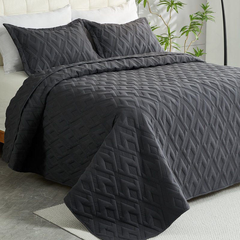 Courtepointe réversible en microfibre , Courtepointe pour lit simple + 1 taie décorative, Gris