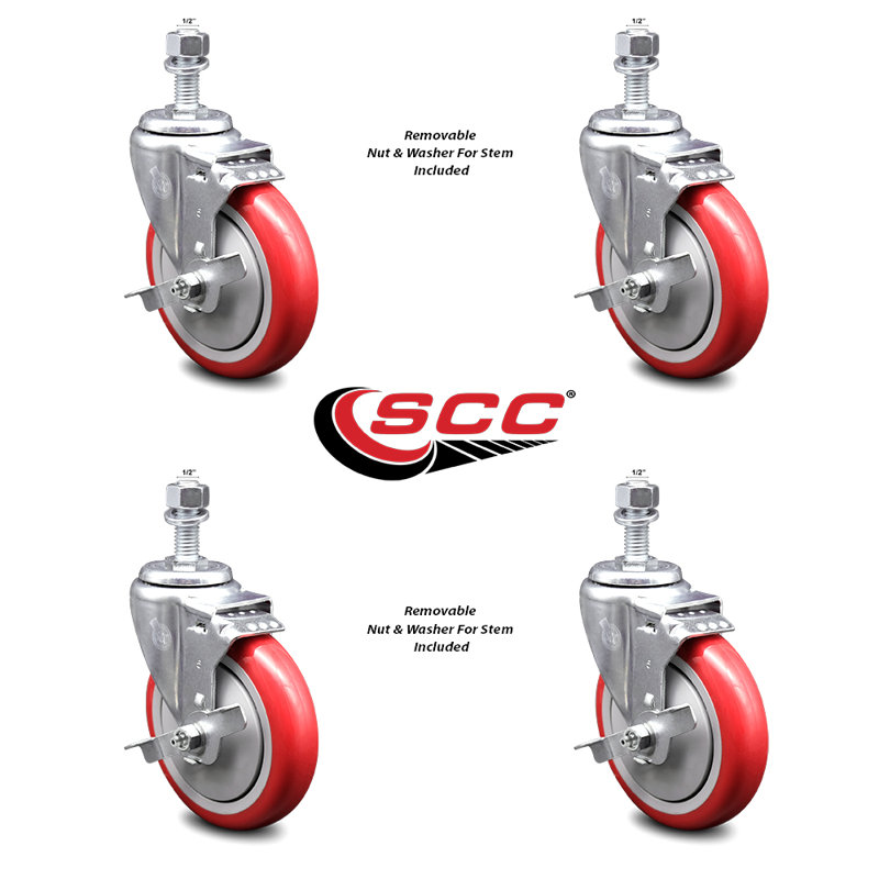 Polyurethane Wheel Swivel ½ Inch Threaded Stem Caster Set 2 Brakes