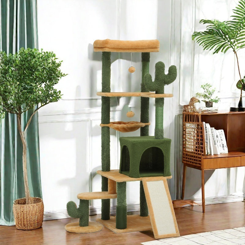 ?60In Cactus Cat Tree, Multi-Level Tall Cat Tower For Indoor Cats, Large Cat Condo For 2-3 Cats