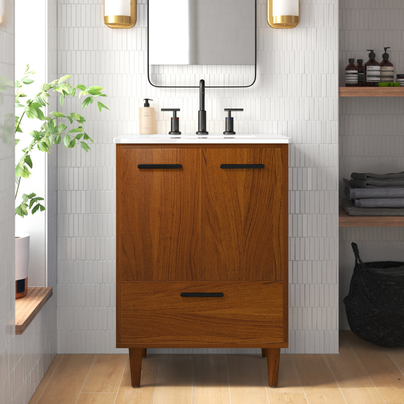 Baldwin 24'' Single Bathroom Vanity with Engineered Marble Top, Teak