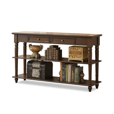 Traditional Farmhouse Solid Wood Long Console Table, Two Storage Drawers Triple Tier Turned Spindle Leg Narrow Entryway Sofa Table For Hall Display Storage