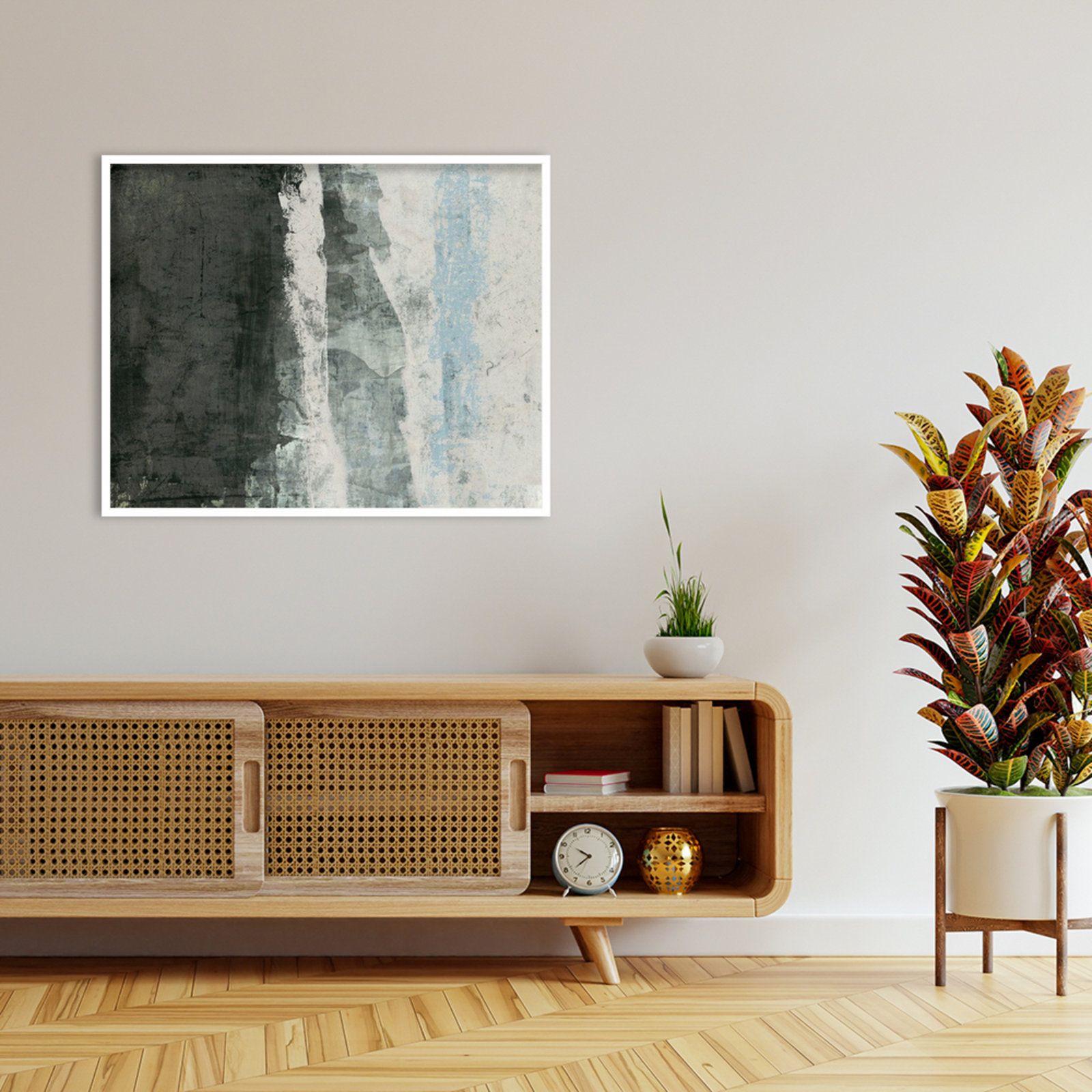 Black and Grey and Blue II by Fresno Wood Framed Wall Art Print, 33" H x 41" W, White