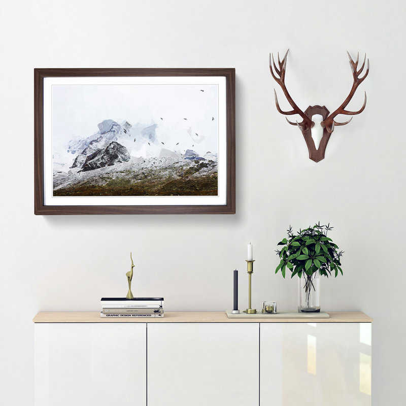 The Swiss Alps with a Flock of Birds in Abstract - Picture Frame Graphic Art Print, 50cm H x 76cm W x 2cm D, Walnut