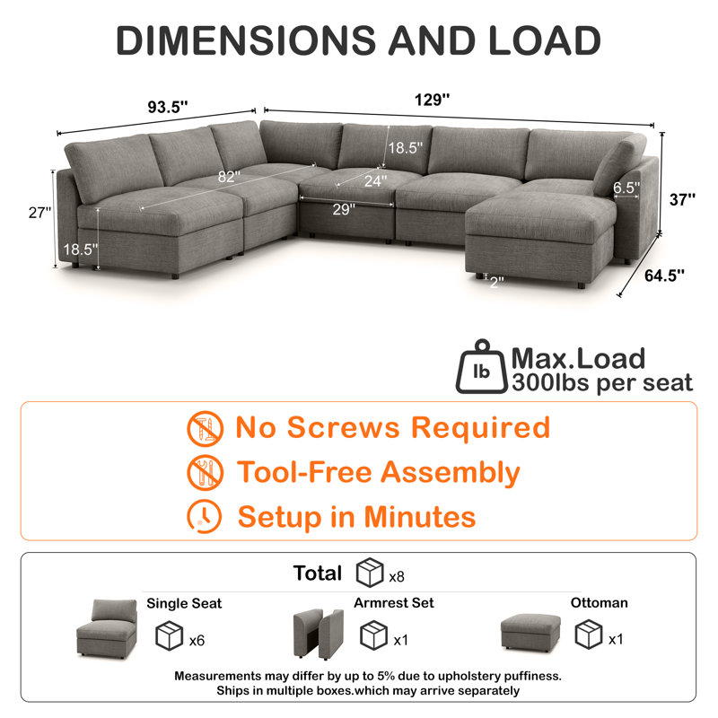 Canapé modulaire 7 pièces avec rangement 7 pièces, Chenille gris pâle, H 37 po x l 129 po x P 93,5 po