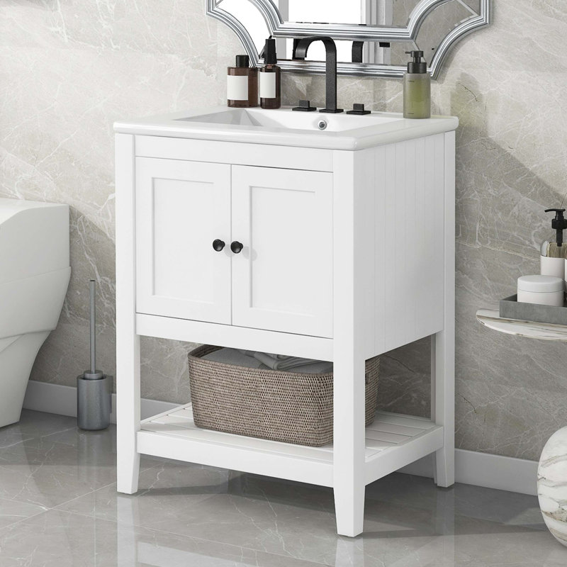Lavabo de salle de bain moderne élégant en céramique 24 po avec tablette ouverte en bois massif, Argent argent, Blanc