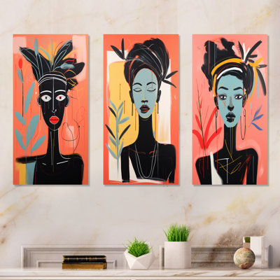 Noir et rose, art africain traditionnel, portrait I - femme afro-américaine, ensemble de 3 impressions sur métal