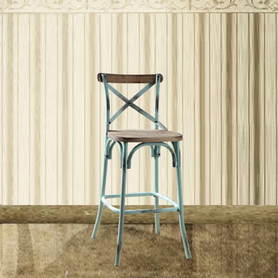 Chaise de bar vintage au fini chêne et ciel antique, structure en métal, assise en bois, 46 cm (l) x 51 cm (p) x 109 cm (h), poids maximal supporté : 100 kg, idéale pour une salle à manger. Style et finitions soignés. Convient à une grande capacité et idéal pour la décoration de votre pièce.