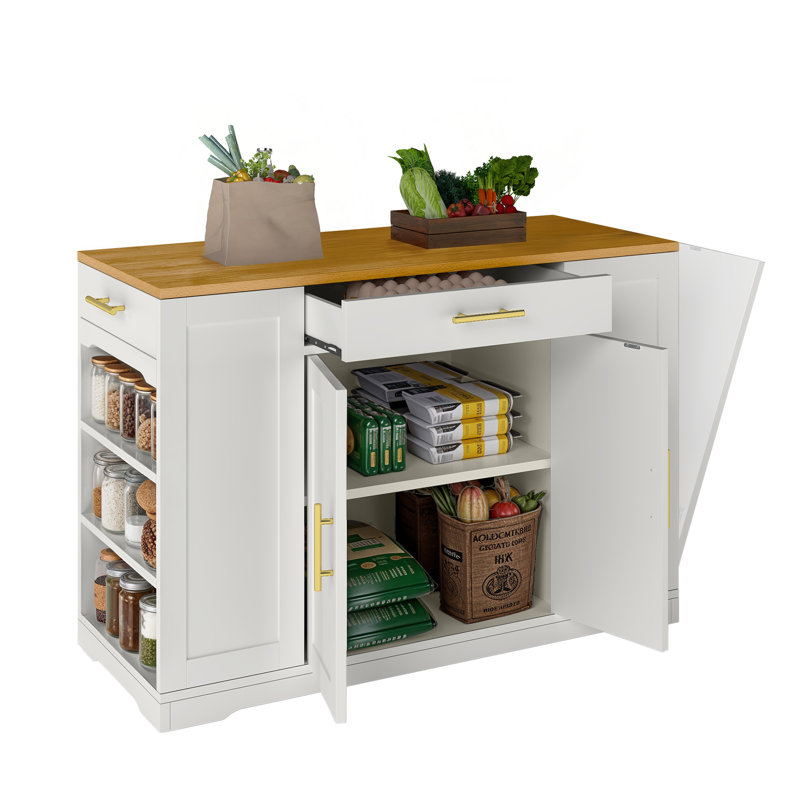 53'' Rolling Kitchen Island With Trash Can Storage, 3-Tier Shelves & 2 Drawers, White