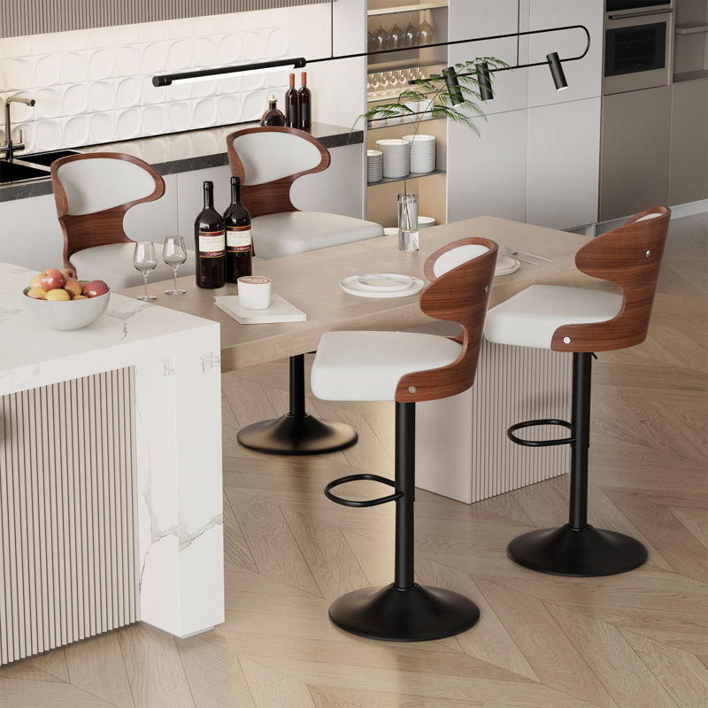 Bar Stools Set of 2 Seat Adjustable Height 62.2-85.1cm Bentwood Swivel Barstools with Back & Footrest - PU Leather Upholstered Bar Chair for Bar, Kitchen, Dining Room