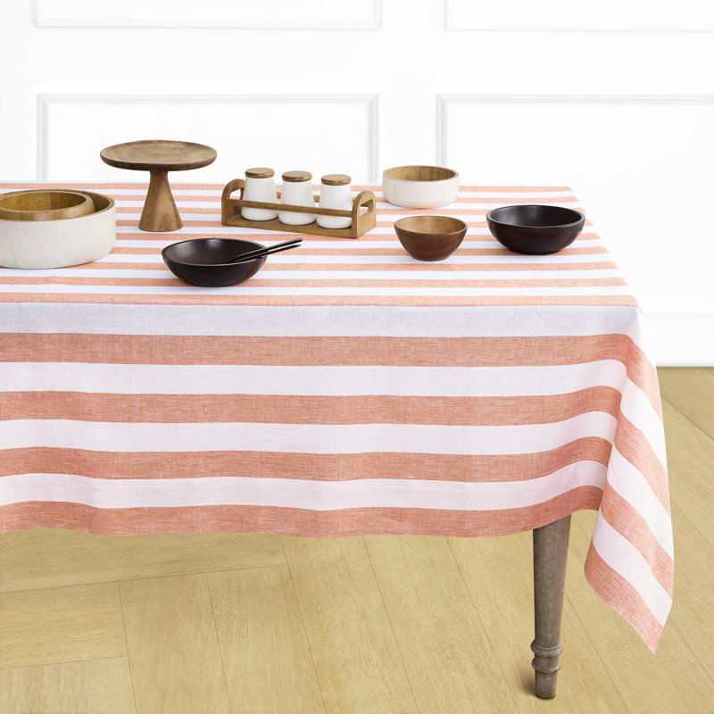 Cabana Stripe - 100% Pure Linen Tablecloth, 132" x 60", Orange/White