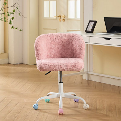 Fauteuil de bureau en poils de lapin artificiel rose avec hauteur réglable, base en métal, convient à la chambre à coucher, rembourré de mousse, assise large et profonde, tissu ergonomique sans perte de poids, roues colorées stables idéales