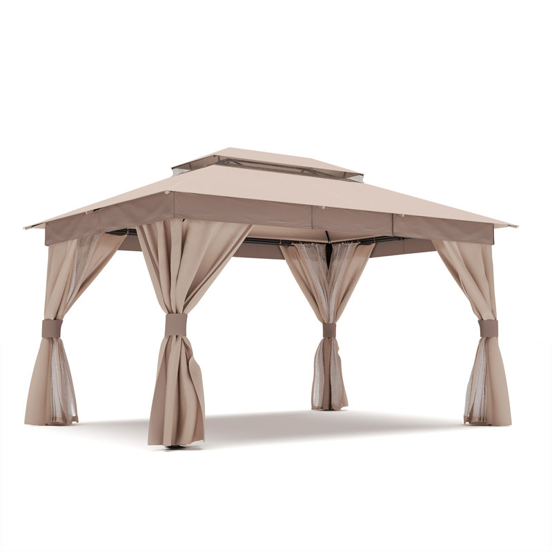 Pavillon de jardin extérieur 13 pi x 10 pi avec double toit Decksplore, moustiquaire, rideaux d'intimité et structure en métal robuste