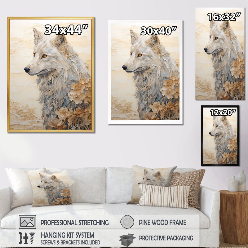 «Beige et or», bonheur des loups sur toile, Cadre naturel flottant, H 44 po x l 34 po x P 1,5 po