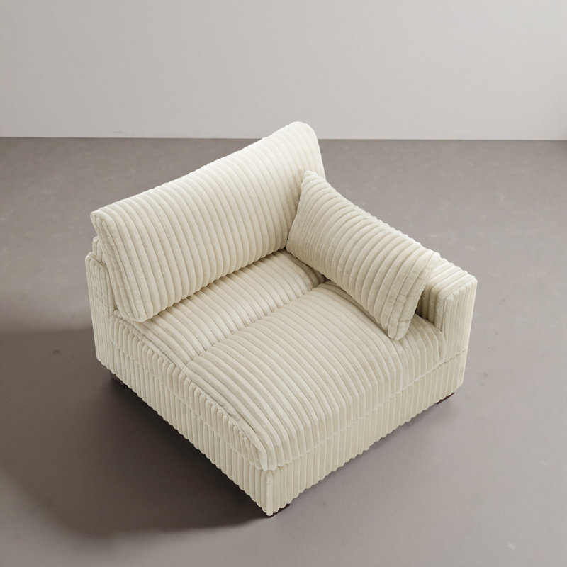 Upholstered White Faux Rabbit Fur Flannel Armchair with Pillow Back, One Arm Single Chair Module Part For Sectional Sofa