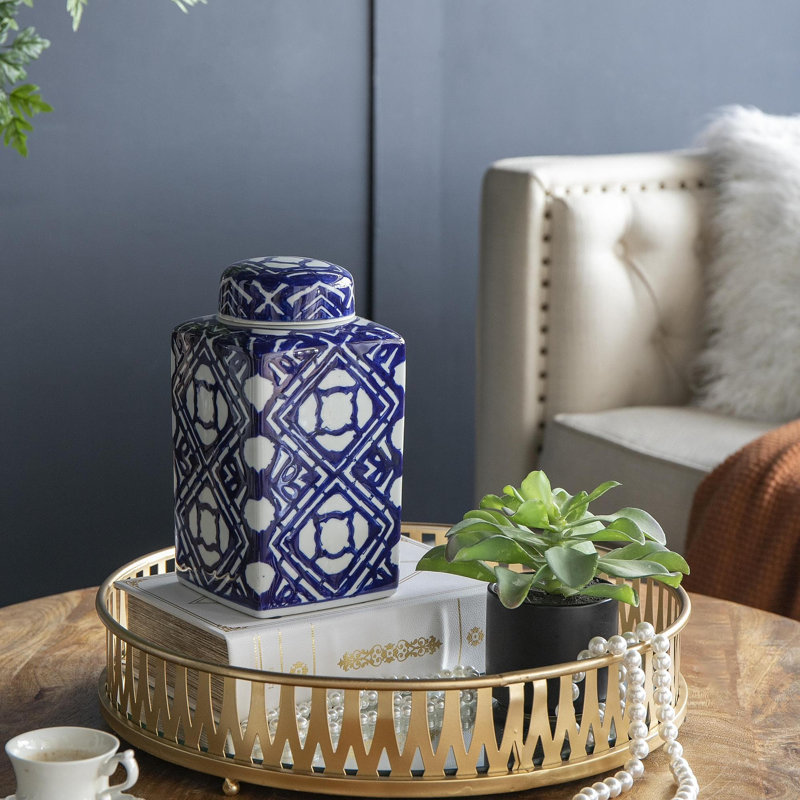 5.3X5.3X10" Valora Blue And White Square Lidded Jar