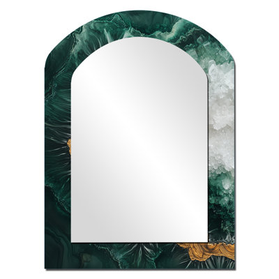 Bold Forest Landscape Path Of The Emerald River IV - Forest Asymmetrical Mirror, Gold Arch Decorative Wall Mirror, Printed Metal Art