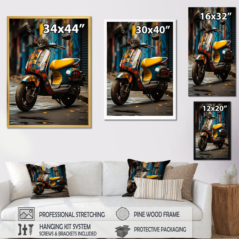 Urban Scooter Street Art, reproduction d'art sur toile, Cadre flottant doré, H 20 po x l 12 po x P 1 po