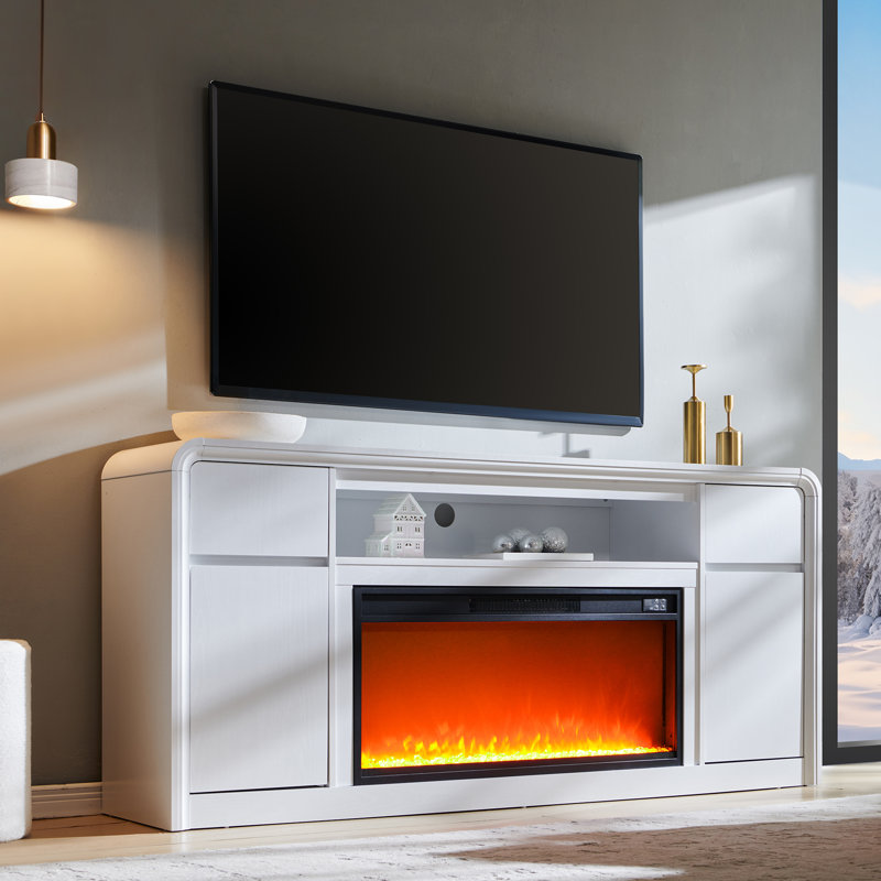 Meuble télé moderne avec foyer, armoire de rangement et tiroirs pour téléviseurs jusqu'à 80 po de hauteur, 32 po de hauteur avec barre de son et tablettes réglables, profil courbé