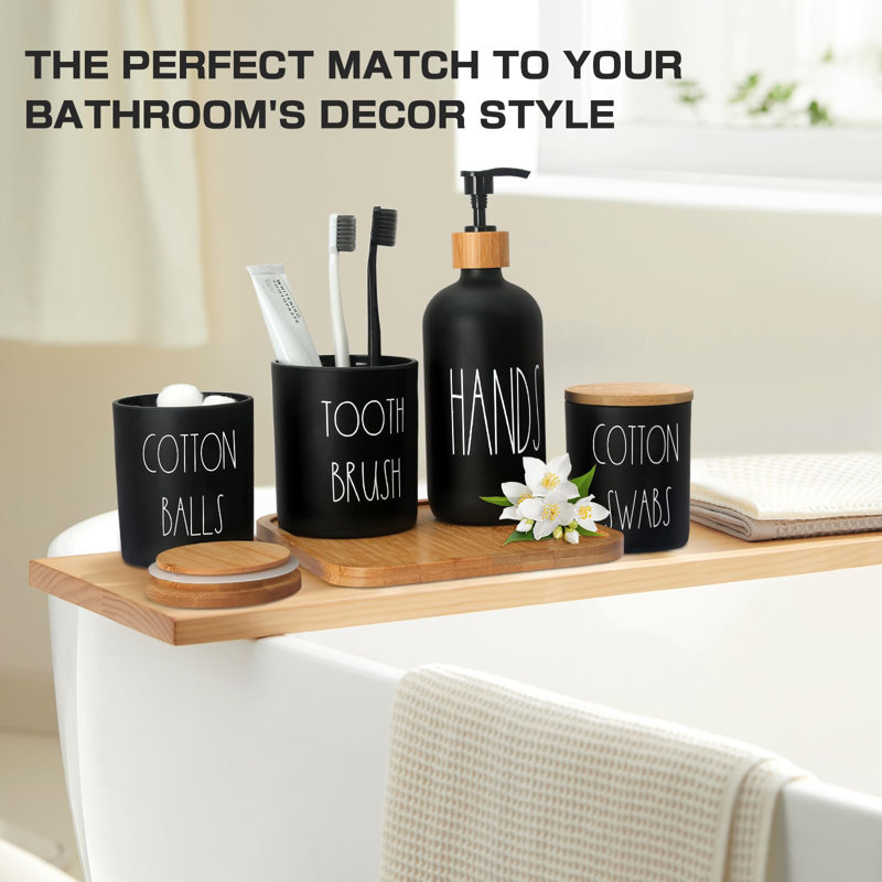 Ensemble d'accessoires de salle de bain noir mat, ensemble d'accessoires de salle de bain en verre 5 pièces avec plateau en bambou, distributeur de savon et porte-brosse à dents, ensemble de support Qtip