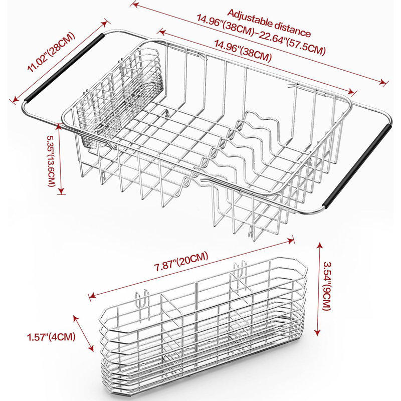Dish Drainer Rack in Sink Adjustable, Expandable 304 Stainless Steel Metal Dish Drying Rack Organizer with Stainless Steel Utensil Holder