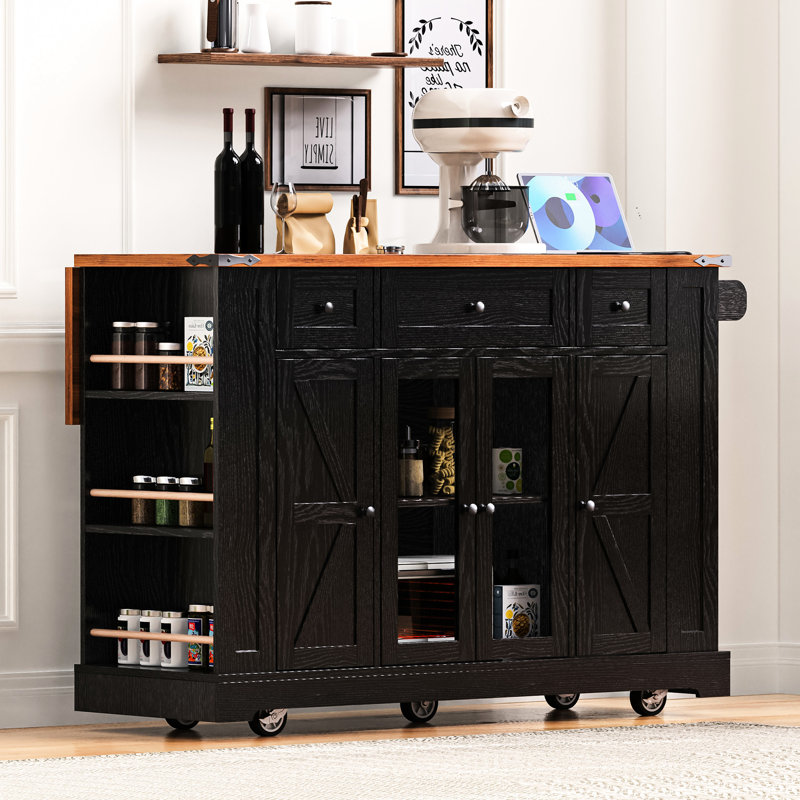 53'' Kitchen Island With Two Tempered Glass Doors, 5 Open Side , 3 Drawers, Rolling Cart Drop Leaf And Power Supply, Black For & Dining Storage Leaf, Area