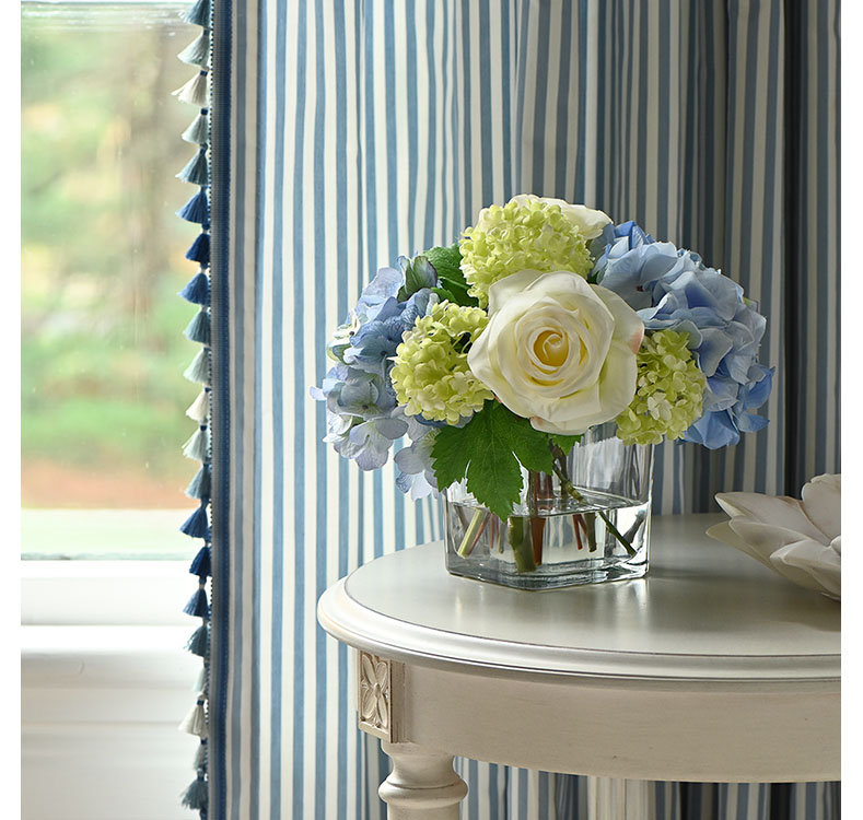 Blue Hydrangeas and Roses in Glass Vase Arrangement