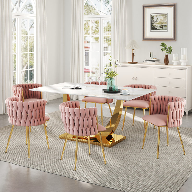 Ensemble de salle à manger rectangulaire à piédestal avec chaise tissée, H 29,5 po x L 63 po x l 35,4 po, Rose