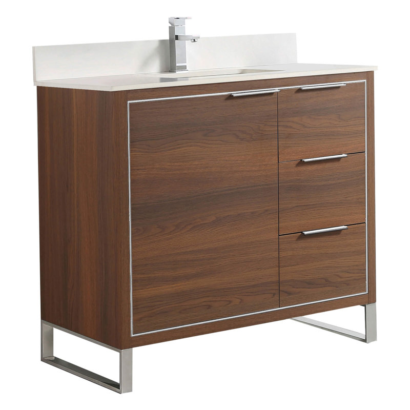 Geselle 36'' Single Bathroom Vanity with Stone Top, Chrome, Walnut Ebony