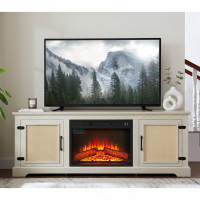 Armoire à porte en rotin naturel avec tablette réglable en bois, meuble télé en rotin de ferme pour téléviseur de 70 po ou moins, meuble télé avec foyer encastré de 23 po, l 65 po x P 15,55 po x H 23,86 po, blanc