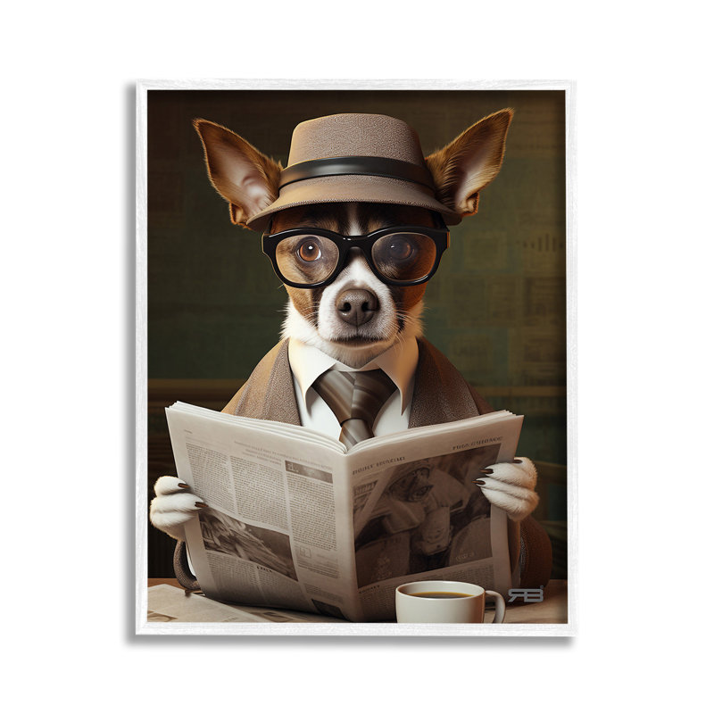 «Classy Dog» avec journal, estampe numérique par RB, Estampe numérique encadrée blanc bord de mer, H 14 po x l 11 po